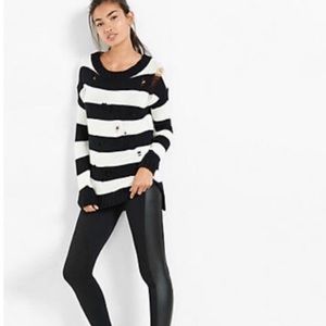 EXPRESS White and Black Striped Distressed Sweater